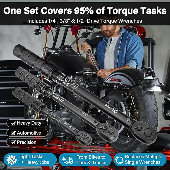 Lytool Torque Wrench Set 1/4" 3/8" 1/2" Drive (3-Piece), Click Type Torque Wrenches ±3% Accuracy, 72-Tooth Ratchet, Quick Release, Automotive Torque Wrench Set for Car, Bike, Motorcycle Repair