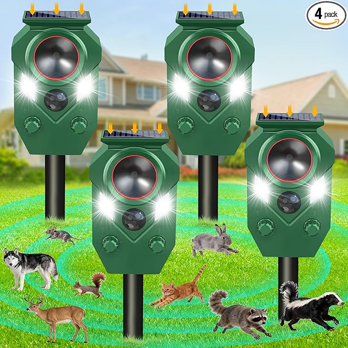 Ultrasonic Animal Repeller Outdoor - Cat Repellent & Deterrent with PIR Sensor & Flashing Light,Solar Powered Deer Repellent for Squirrels, Raccoons, Skunks,Rabbits,and Dogs, IP65 Waterproof (4 Pack)