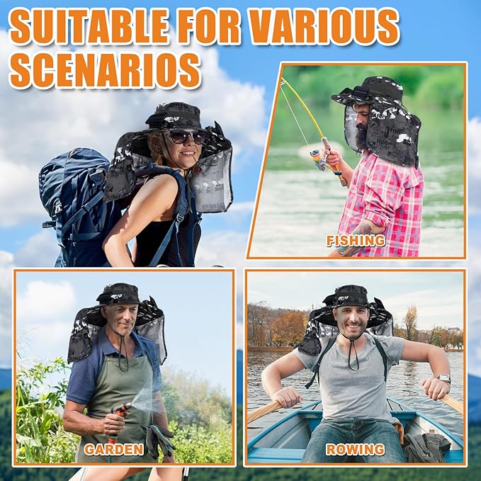 Chuarry Wide Brim Sun Hat with 2 Fan Outdoor Solar Powered USB Charging Fishing Hat with Neck Flap for Men Women