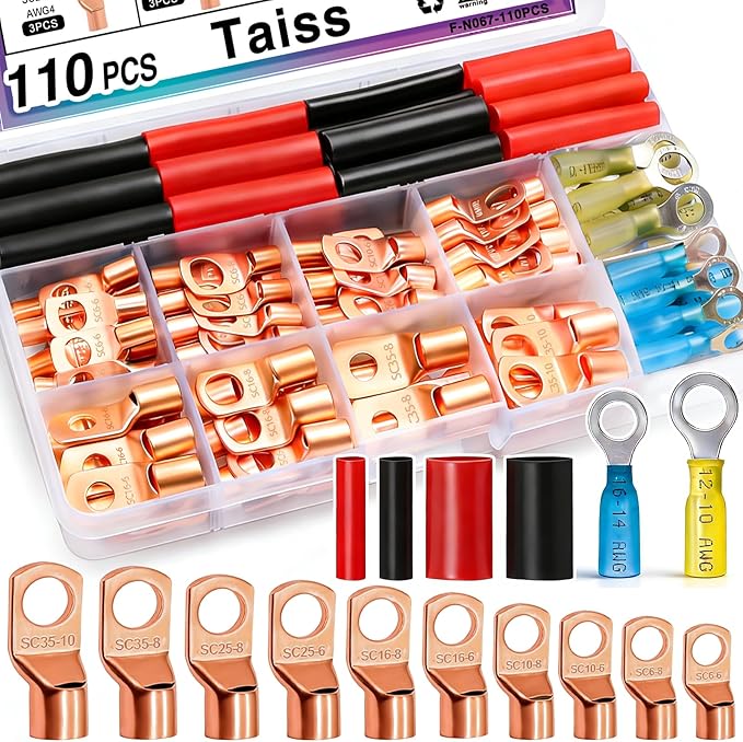 Taiss 110PCS Copper Wire Lugs,battery lugs AWG 2/4/6/8/10/12/14/16 Gauge Copper lugs Assortment,Battery Cable Ends Copper Ring Terminals Connectors with Heat Shrink