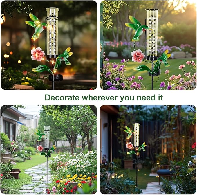 Hummingbird Rain Gauge Outdoor, Solar Stake Rain Gauges for Yard with LED Lights & Plastic Measuring Cup Large Rain Gauge Outdoor Decorative Water Gauge for Rain for Garden, Lawn, Pathway Decor