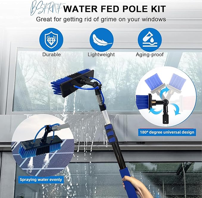16FT Solar Panel Cleaning Kit with Telescopic Pole & Soap Dispenser, Water Fed Solar Panel Brush for Home/Roof/Caravan, Extendable Window Cleaner Tool for RV, Boat, Deck & Outdoor Use (16FT)