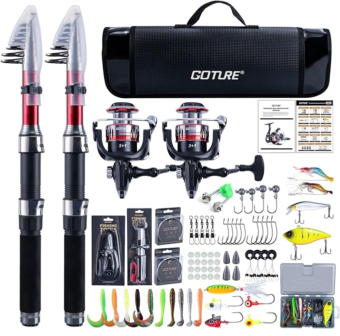 Goture Fishing Rod and Reel Combos-2PCS Telescopic Fishing Pole+2PCS Pre-Loaded Spinning Reels with Carrier Bag,1.8M-2.7M Telescopic Rod Reel Kit for Starter Travel Saltwater Freshwater,Gifts for Men