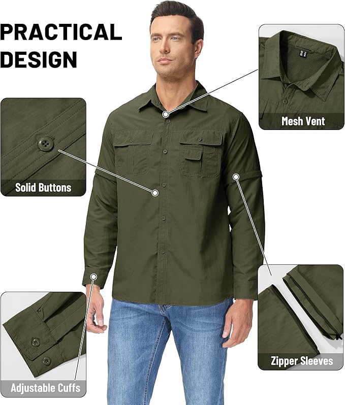 TACVASEN Men's Convertible Long Sleeve Fishing Shirts Lightweight Quick Dry Button Up Tactical Sun Shirts for Safari Hiking