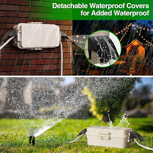 Flemoon IP55 Small Outdoor Electrical Box Waterproof (Inner 5.9 x 3.2 x 1.8inch), Extension Cord Cover with Detachable Awning Covers for Plug, Outlet, Holiday Lights, Almond