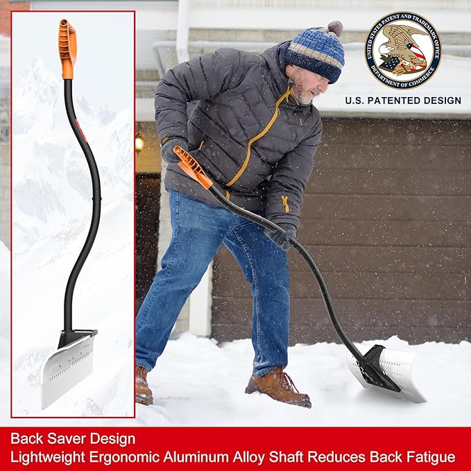 36 Inch Heavy Duty Snow Pusher, Extra Wide Snow Shovel for Driveway, Sidewalk, Patio, Deck & Doorway Snow Removal, Ergonomic Back Saver Snow Plow with UHMW-PE Blade, Non-Slip Grip Handle