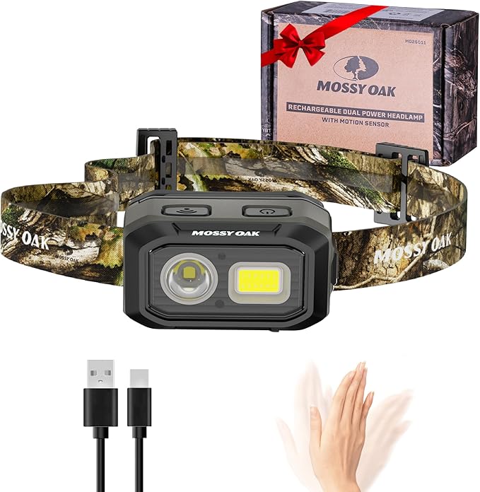 Mossy Oak 600 Lumens LED Headlamp, Dual Power Source, Motion Sensor Head Lamp with Magnetic Base, Stepless Dimming, Memory Mode for Camping, Running, Hiking, Valentine's Day