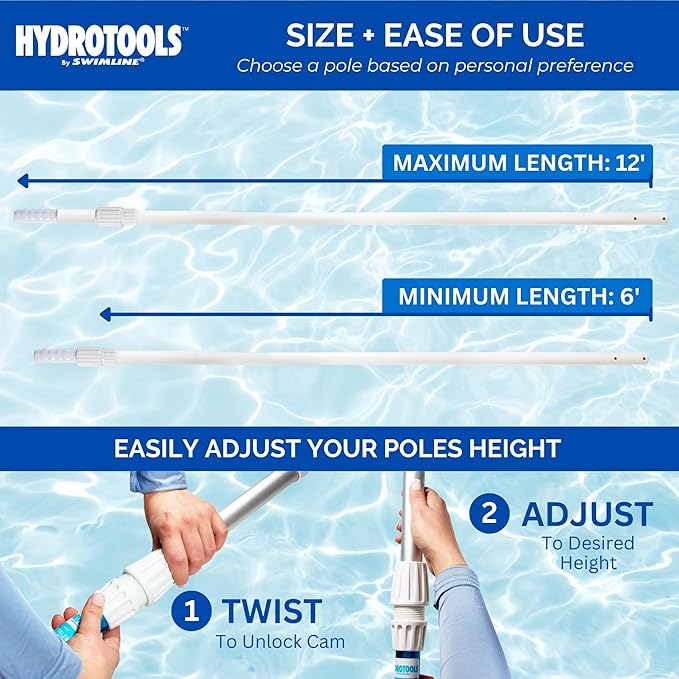 SWIMLINE HYDROTOOLS 8360 2-Piece Telescopic Pole 6 To 12 Feet Adjustable Telepole Swimming Pool Cleaning Skimmer Nets Vacuum Heads & Brushes Premium Fluted Anodized Aluminum W/ Strong Grip & Lock