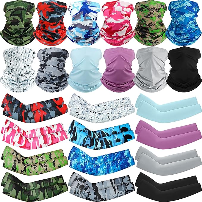 12 Sets UV Protection Face Covering Neck Gaiter Scarf and Ice Silk Cooling Arm Sleeves for Summer