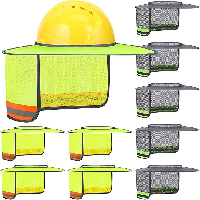 Vicenpal 10 Pcs Hard Hat Shade Full Brim, High Visibility Sun Visor Neck Shade with Reflective Strip, Hard Hat Accessories for Men Women Construction Use(Grey, Yellow)
