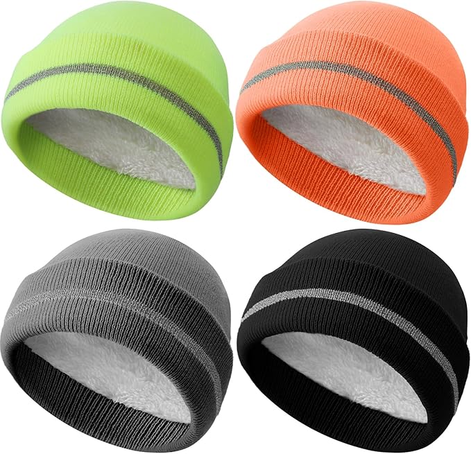 Suhine 4 Pack Men Hi Vis Winter Safety Hats Fleece Lined High Visibility Beanies with Reflective Stripes Hats for Outdoor