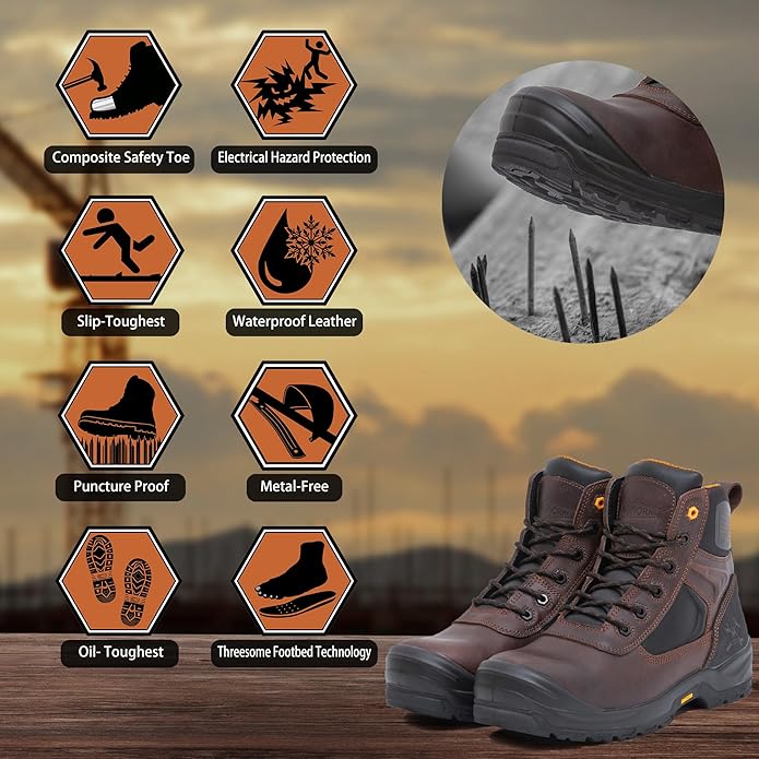 MWORK 6" Safety Work Boots For Men Water Resistant Composite Toe Puncture Resistant EH Non Slip No Metal ASTM F2413-18 Comfortable&Durable MW9276