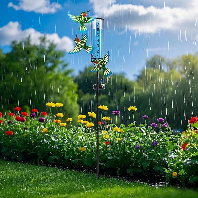 WONDER GARDEN Solar Rain Gauge Outdoor, Hummingbird Decorative Rain Gauges Outdoors Best Rated, Freeze Proof Water Rain Measure Gauge for Yard Patio Lawn Garden Decor