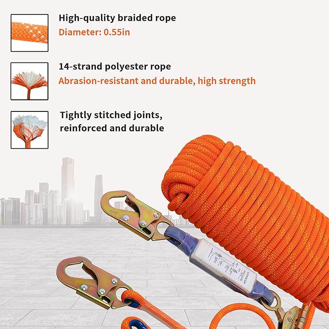 Fall Protection Safety Rope100ft Heavy Duty Vertical Roofing Rope Rope Grab Snap Hook Shock Absorber Fall Protection Line Kit Restraint System Roofing Safety Equipment (100FT)