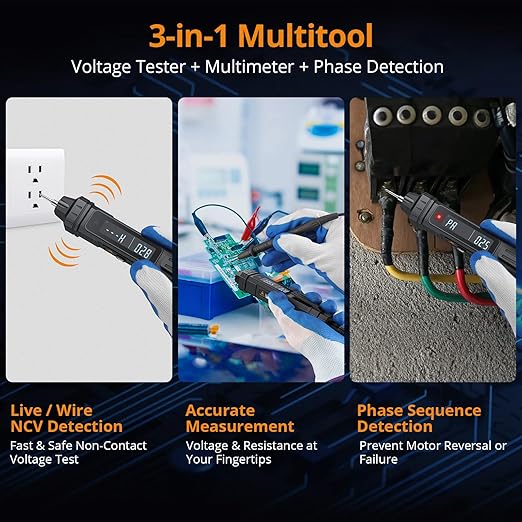 Neoteck 3 in 1 Pen Type Multimeter with Phase Sequence Detection 6000 Counts Digital Multimeter Voltage Tester with LCD Display for AC/DC Voltage Resistance Diode Continuity Capacitance Frequency