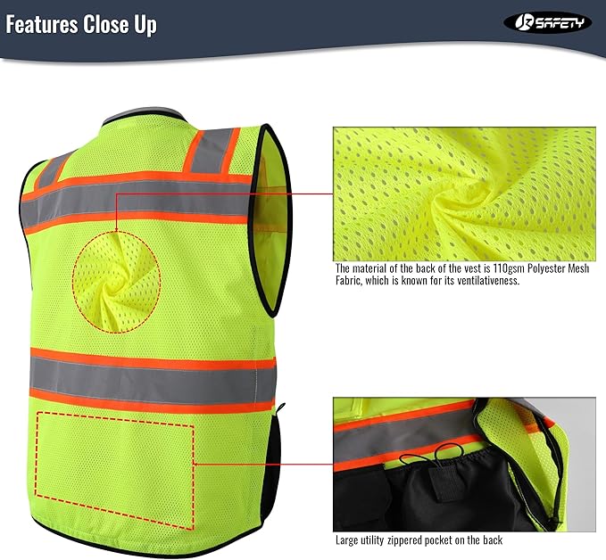 JKSafety Hi-Vis Unisex Surveyor Safety Vest Heavy Duty PPE Inner Pockets ANSI/ISEA Compliant