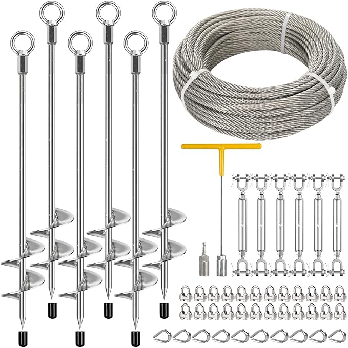 6 Pcs 30" Ground Anchors Heavy Duty with 100ft 1/4" Stainless Steel Cable & 6Pcs Turnbuckle, Fully Welded Ground Anchors Screw in Auger Earth Anchors for Sheds, Mobile Home, Tent, Swing Set