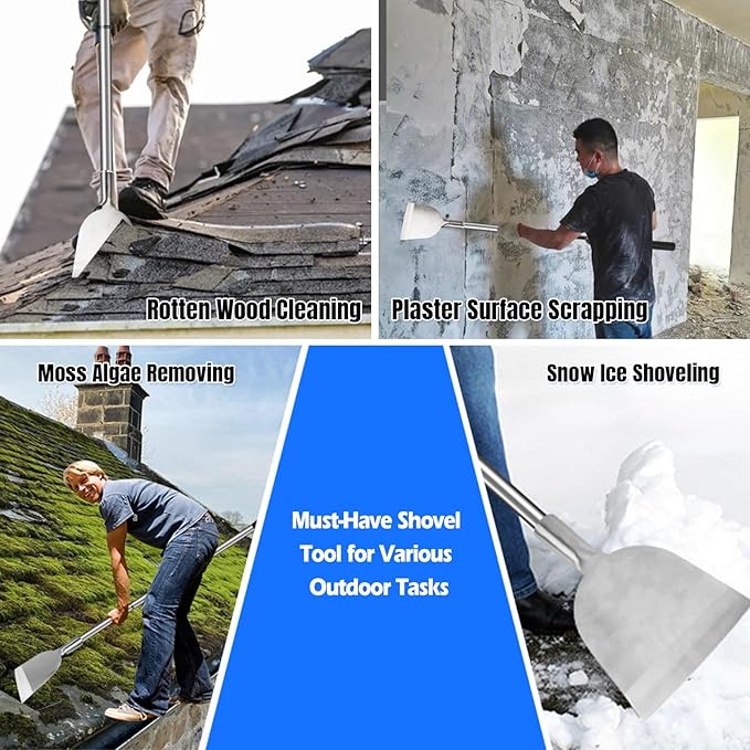 Floor Scraper Tool, Garden Flat Shovel, Razor Blade Paint Scrapers for Wallpaper Sticker Removal, Tile Gum Glue Stains Cleaning Tools, Snow Shovel for Driveway-Stainless Steel Long Handle