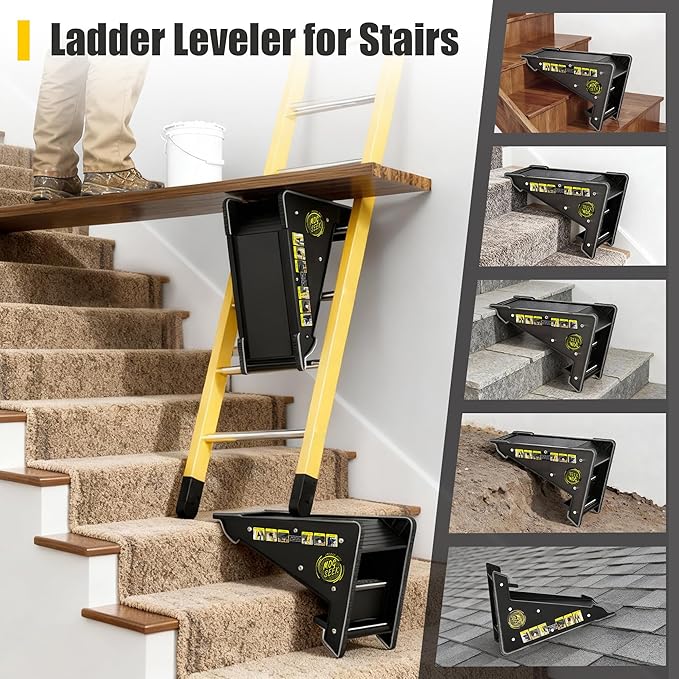 Stable Platform Ladder Leveler - Ladder Levelers for Extension Ladders with Storage for Uneven Surfaces (Regular Black)