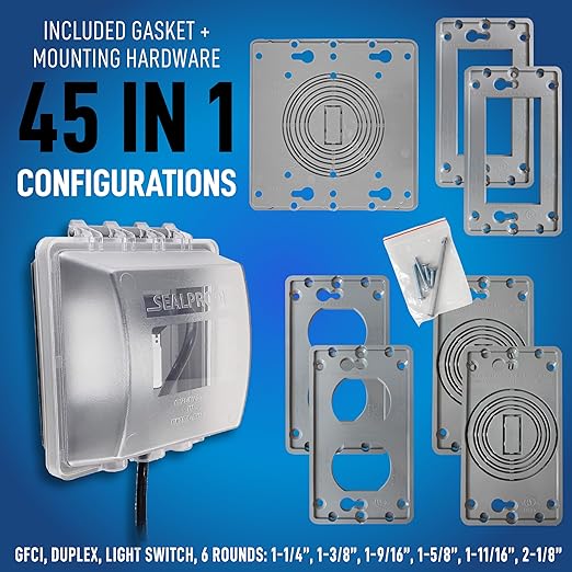 Sealproof 2-Gang Weatherproof Exterior in Use Outlet Cover and Box Kit - Double Gang Metallic Electrical Outlet Box with Three 1/2-Inch Holes and UL Extra Duty, Lockable, in Use Outdoor Outlet Cover