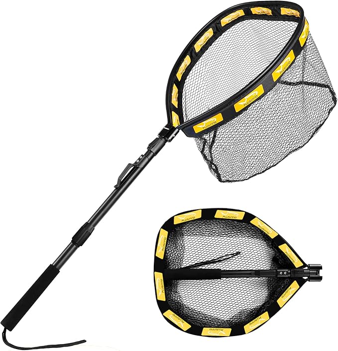 PLUSINNO Fishing Net Fish Floating Landing Net, Kayak Nets with Fixed Foldable Telescopic Pole Handle, Bass Trout Fishing Nets with Nylon Mesh for Pond Lake River, Fishing Gear Gifts for Men Anglers