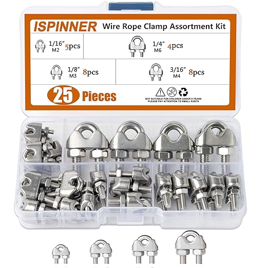 ISPINNER 25pcs Stainless Steel Wire Rope Cable Clip Clamp Assortment Kit 1/16" 1/8" 3/16" 1/4"