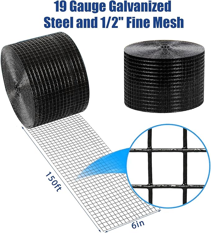 Solar Panel Bird Guard, 6inx150ft Critter Guard, Black PVC Coated Galvanized Mesh with 100pcs Clips, Cutting Plier, Gloves