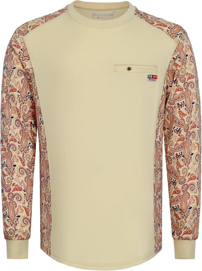 BOCOMAL FR Shirts Crewneck 5.5oz Lightweight Cotton Paisley Camo Two-Tone Flame Resistant Long Sleeve CAT2 Work Shirt