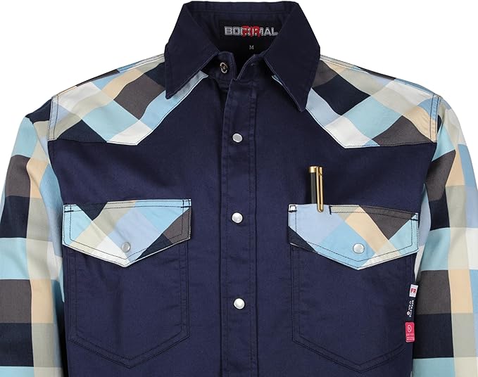 BOCOMAL FR Shirts Pearl Snaps Two Tone Plaid/Solid Flame Resistant Cotton Welding Shirt NFPA 2112 CAT 2