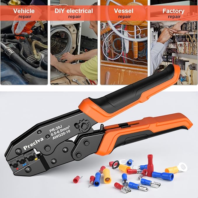 Wire Terminals Crimping Tool Kit with New Handle Design, Preciva AWG20-10 Insulated Ratcheting Crimper Tool with 370PCS Insulated Wire Connectors (USRC50371)