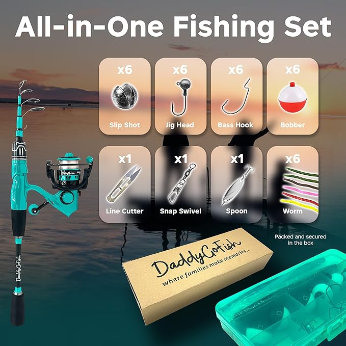 DaddyGoFish Spinning Fishing Rod and Reel Combo Set with Tackle Box | Kids Fishing Pole | Carbon Fiber Telescopic Fishing Rod Kit | Spinning Reel for Travel Saltwater Freshwater Fishing Gear Kit