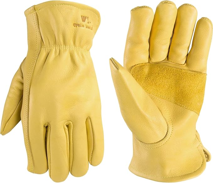 Wells Lamont Leather Work Gloves for Men – Grain Cowhide, Reinforced Palm – Ideal for Construction, Farming, Ranching – Ergonomic Fit, Keystone Thumb, Elasticized Wrist – Saddletan, Medium (1129M)