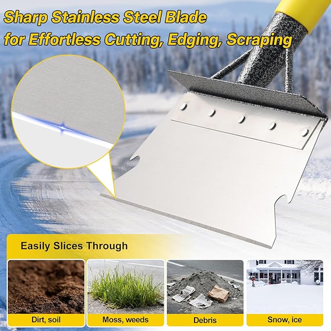 Garden Flat Shovel,74” Ice Scraper,Snow Shovel for Driveway, Stainless Steel Multifunctional Cleaning Shovels Chopper Floor Scraper for Outdoor Walkway Car Snow Ice Weeds Moss Removal