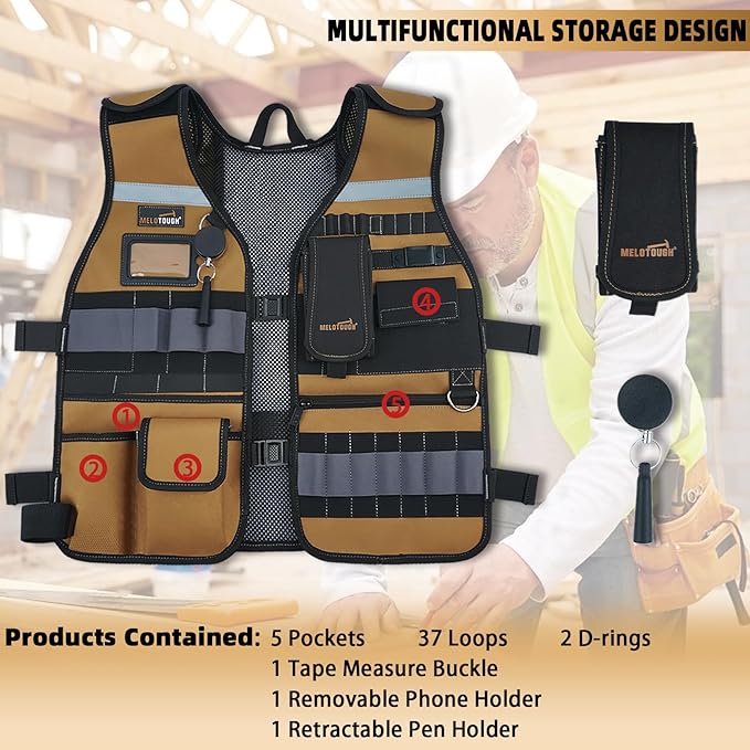 MELOTOUGH Tool Vest Safety Work Vest with Adjustable Straps,Removable Phone Holder for Electrician,Construction,Carpenters