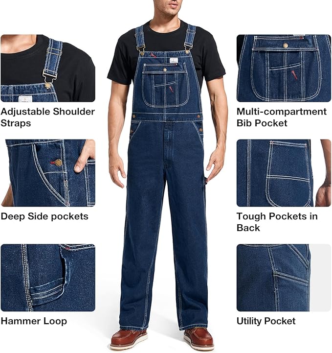 HISEA Mens Denim Bib Overalls, Men's Regular Fit Overall Flex Workwear with Adjustable Straps and Convenient Tool Pockets