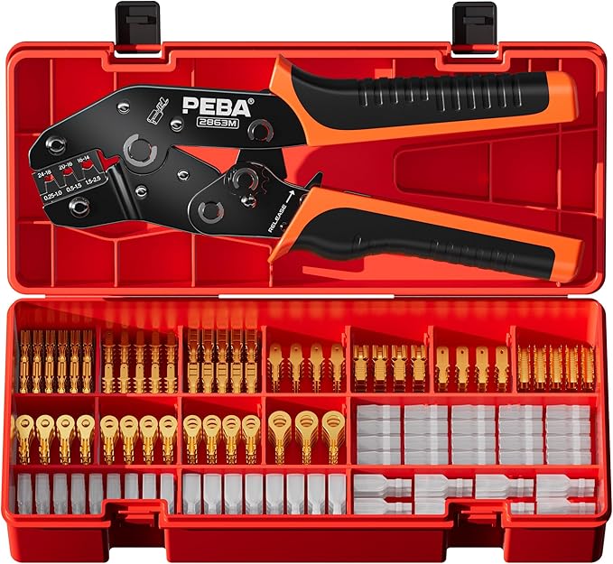 PEBA Open Barrel Crimping Tool Kit - 10 Sizes Quick Splice Male and Female Wire Spade Connectors with Ratcheting Crimper AWG 24-14, Ring Terminals for Electrical Wiring Car Audio Speaker Connectors