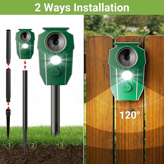 2026 Upgraded Solar Powered Animal Repeller 4 Packs, Ultrasonic Solar Powered Deer Repellent for Outdoor Yard Lawn Repel Coyote Raccoon Cat Deterrent with Motion Sensor & Flashing Light