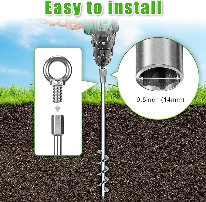 18" Heavy Duty Screw in Ground Anchors Kit, Spiral Windproof Earth Anchors for Trampoline, Shed, Swing Set & Mobile Home, Double-Sided Welded Spiral with Nut Driver Drill Bit (Set of 4)