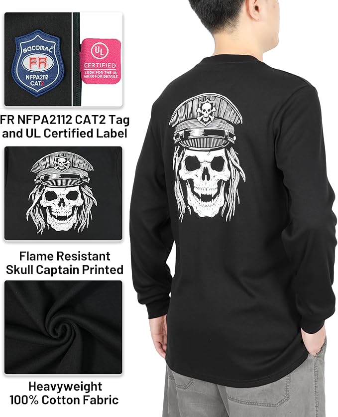 BOCOMAL FR Shirts Crewneck 7oz Midweight Flame Resistant Clothing NFPA2112 CAT2 Men's Fire Retardant Work Shirt