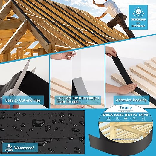 Butyl Joist Tape for Decking 2" x 50', 4 Rolls Weather-Resistant Deck Joist Tape, Waterproof and Anti-Corrosion, Self-Adhesive Flashing Joists Tape for Wood Decks Beams Roof