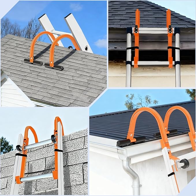Roof Ladder Hook, 2 Pack Ladder Stabilizer with Wheel, Heavy Duty Steel 500 Lbs Weight Ratin Roof Ridge Extension, Rubber Grip T-Bar for Damage Prevention, Fast and Easy Setup to Access Steep Roofs