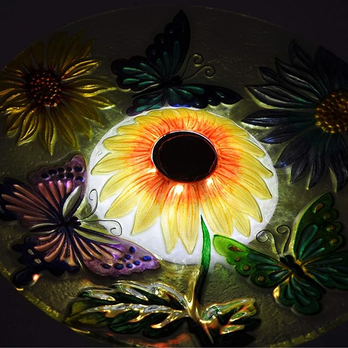 Teamson Home Handpainted Butterfly Fusion Glass Solar Birdbath Bowl Feeder with LED Light for Outdoor Patio Garden Backyard Decking, 21 Inch Height, Yellow