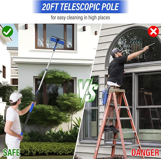 26FT Window Washing Kit with Extension Pole,High Reach Duster Kit,Cobweb Duster with 5-20FT Telescoping Pole,2 in 1 Window Cleaning Squeegee Kit for Outdoor and Indoor Cleaning