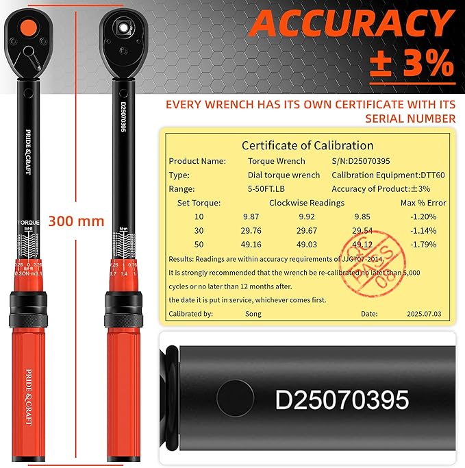 PRIDE&CRAFT 3/8 Inch Drive Click Torque Wrench, 3% High Precision Adjustable Dual Direction, 72-Tooth, 5-50 lbf.ft/6.8-68 Nm Torque Wrench for Bike, Motorcycle and Car Repair, Orange Black