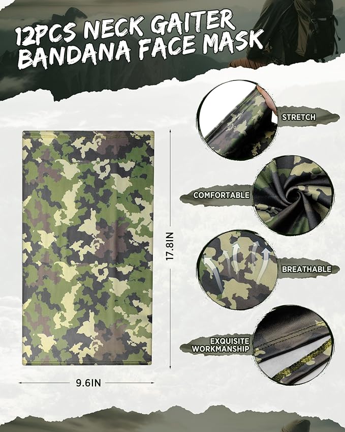 Cuffbow 12 Pack Neck Gaiters Face Mask Bandana Balaclava for Men Women Cooling Neck Gaiter Summer UV Sun Protection Scarf