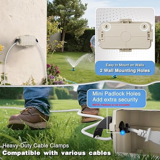 FLEMOON IP55 Outdoor Electrical Box Waterproof with Detachable Awning Covers, 8.3 x 4.1 x 3.7 inch Weatherproof Extension Cord Cover, Easy Installation for Outdoor Plug, Outlet, String Lights, Almond