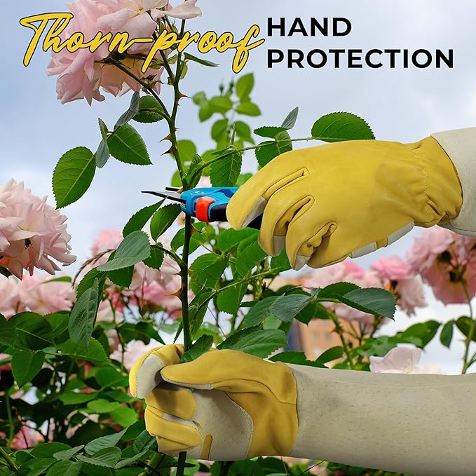 HANDLANDY Rose Pruning Gardening Gloves for Men Women, Thorn Proof Forearm Protection Leather Garden Gloves, Gardening Gifts for Gardeners (Butter Yellow, Medium)