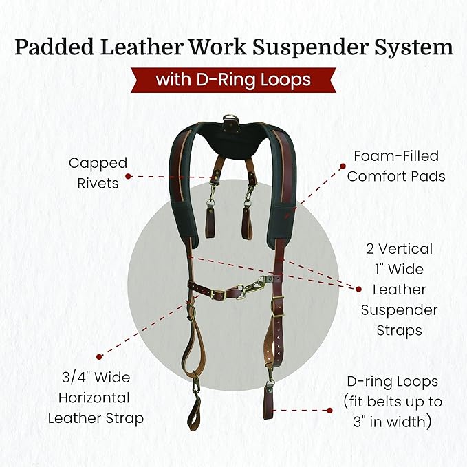 Style n Craft Padded Leather Work Suspender System with D-Ring Loops, Heavy-Duty Suspenders for Men, Leather Belt Straps, Adjustable to Fit Most Sizes, Dark Tan (98214)