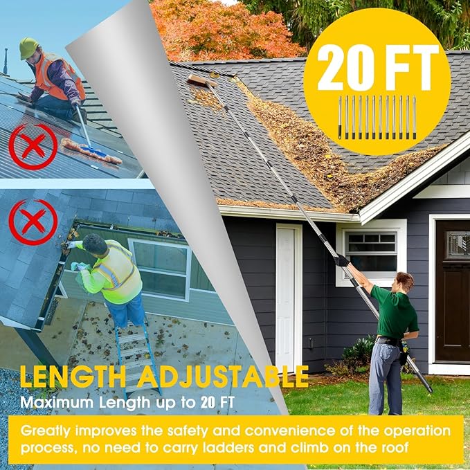 2-in-1 Leaf Roof Brush and Snow Rake, Roof Cleaning Brush & Leaf Removal Tool, Adjustable 5-20ft Cleaning Brush Tool for Cleaning Shingles, Solar Panels, Car Tops with No-Scratch Head