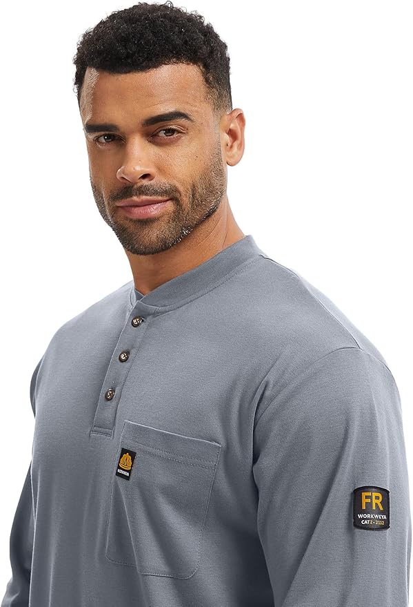 WORKWEYA 6.5oz Flame Resistant Henley Shirt 100% Cotton Lightweight FR Shirts for Men